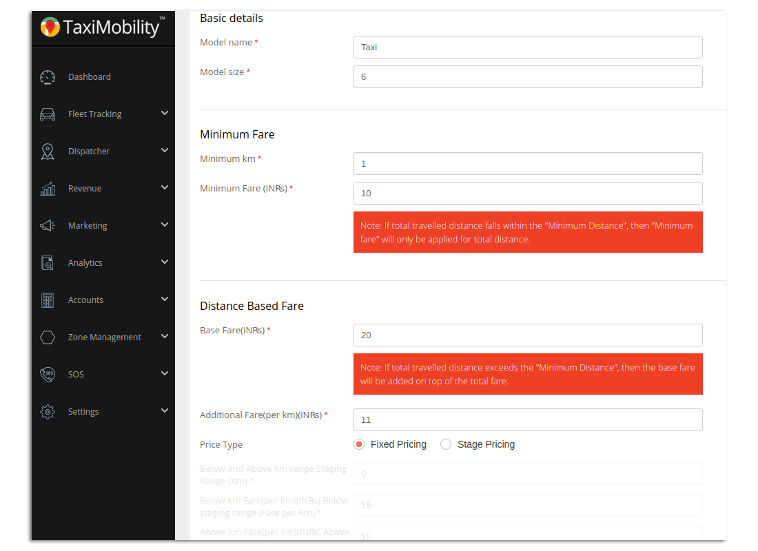 Taximobility Fare Management - Miles/ Km - based