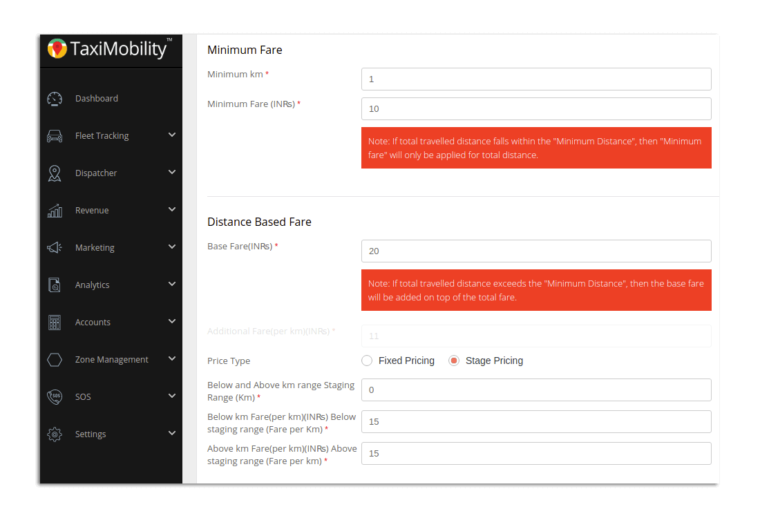 Taximobility Fare Management - Range-based