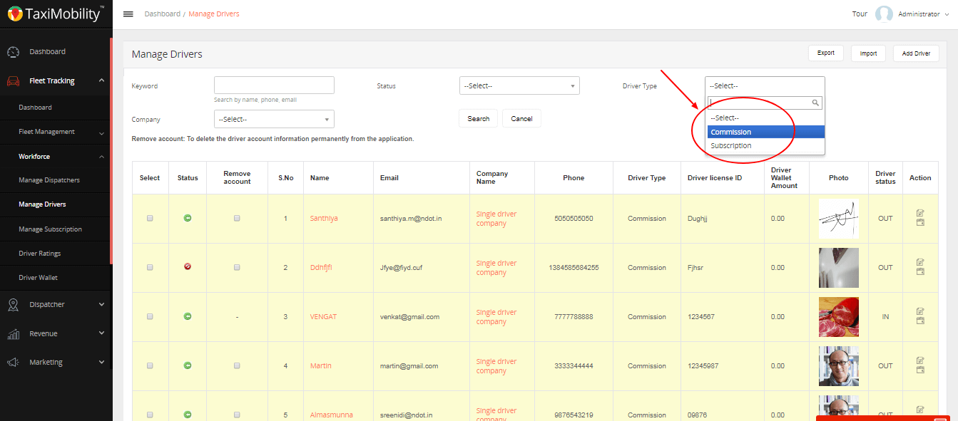 Manage Drivers Commission