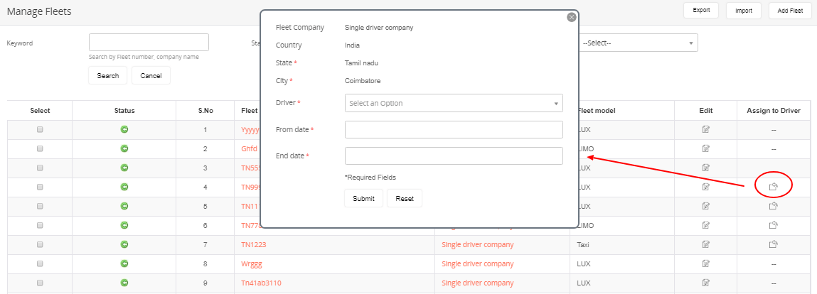 Manage Fleets Assigning to driver